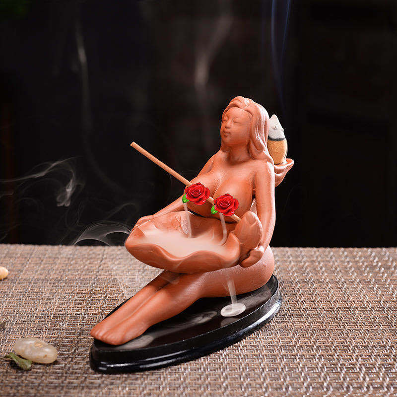 Beauty Maid Red Porcelain Ceramic Backflow Incense Burner